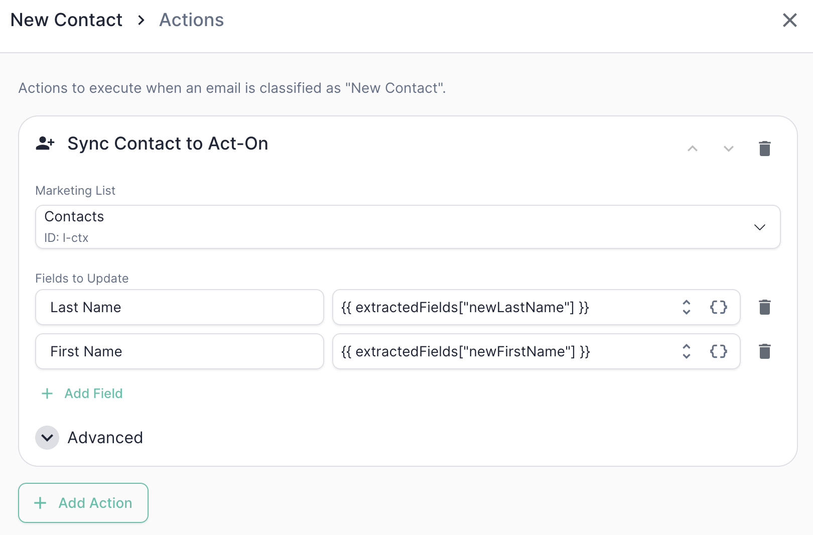Sync Contact to Act-On action configuration