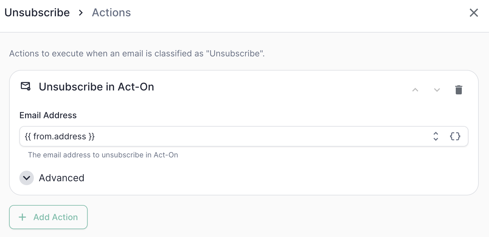 Unsubscribe in Act-On action configuration
