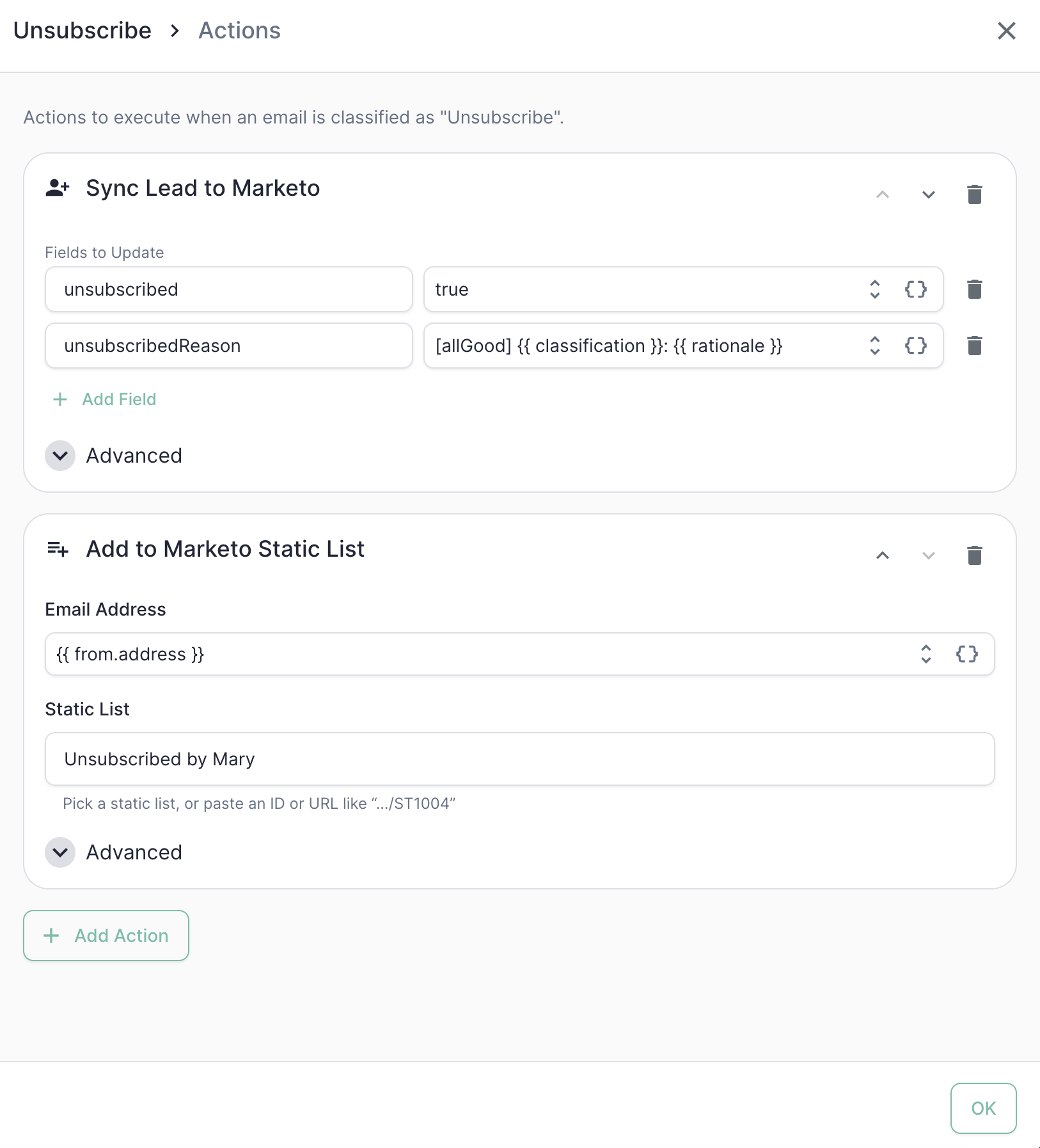 The full Unsubscribe action chain in the Marketo category editor
