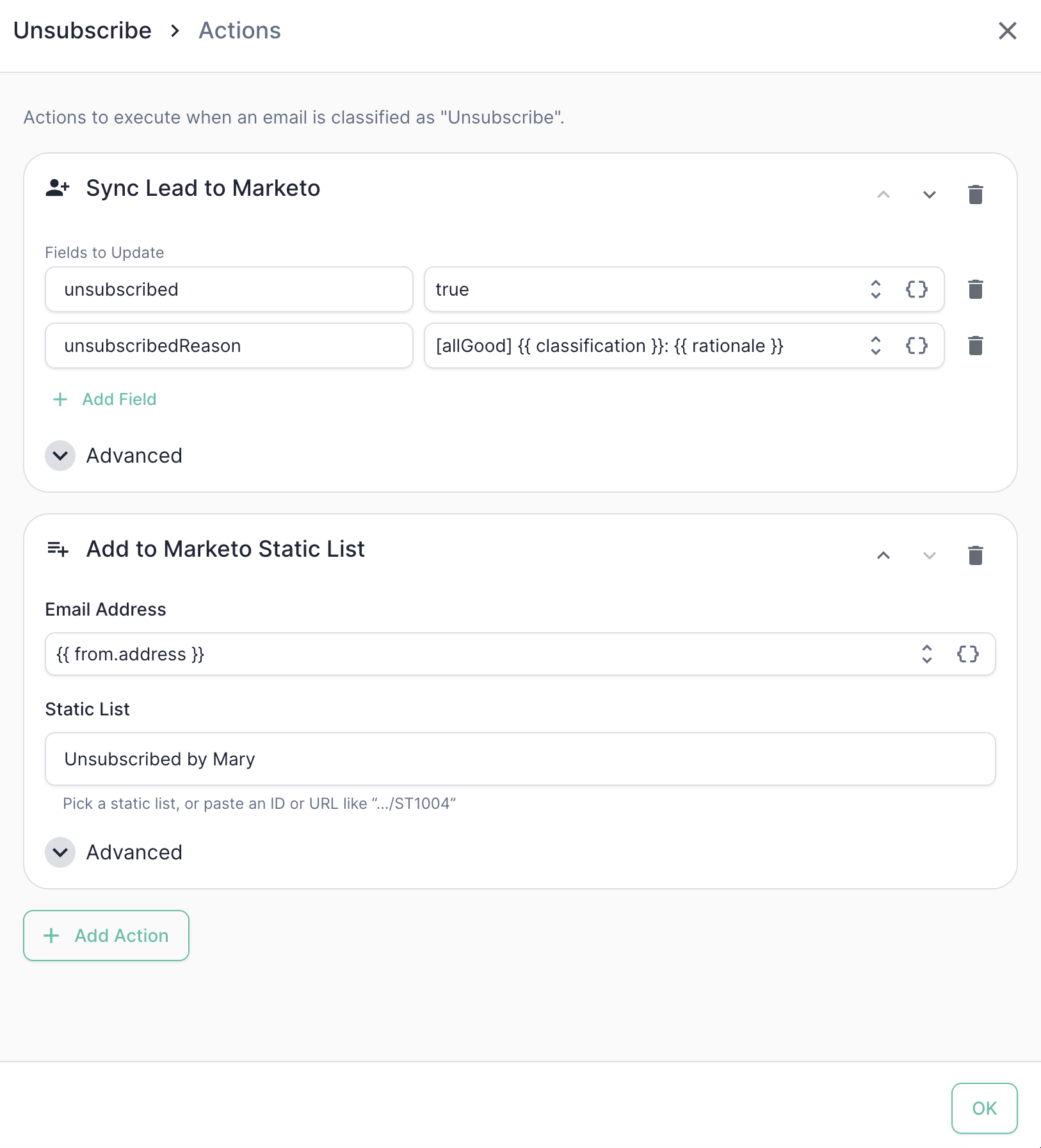 The full Unsubscribe action chain in the Marketo category editor
