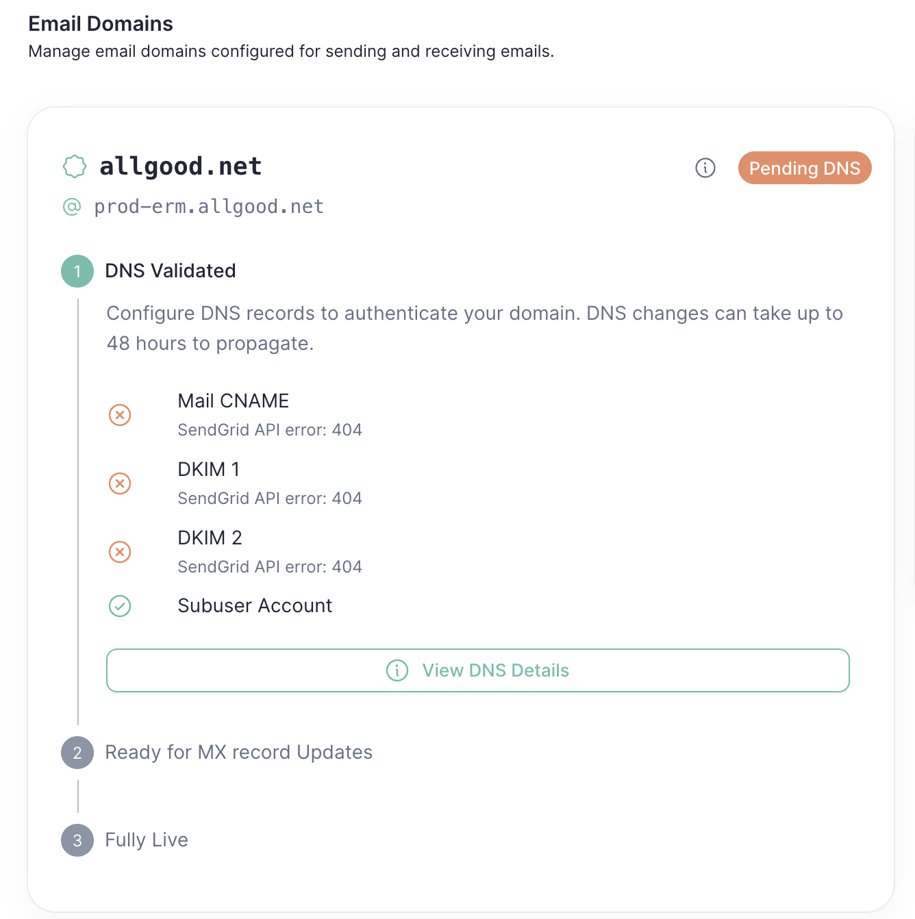 Domain verification screen in allGood