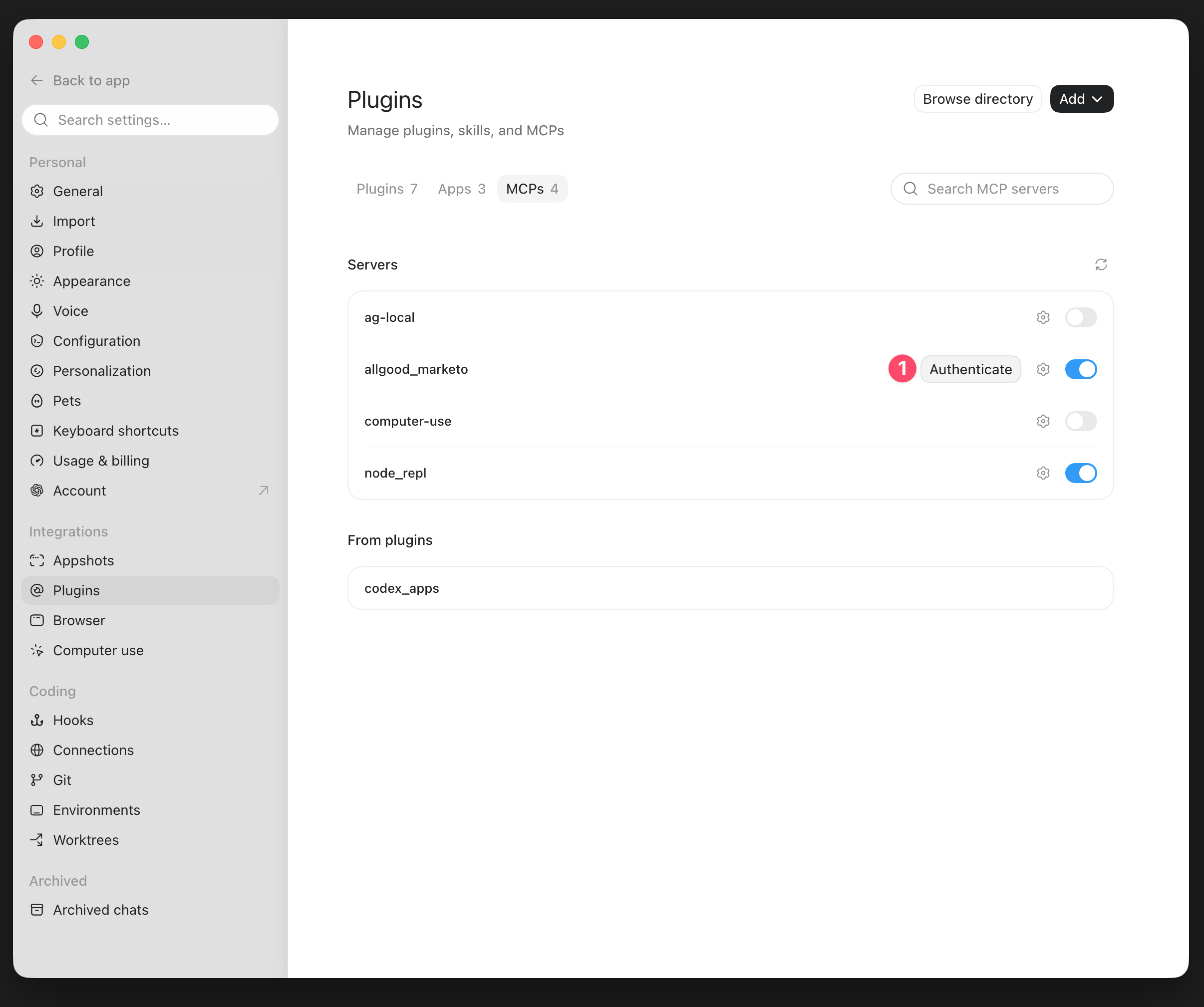 Plugins list showing the allGood Marketo connector with an Authenticate button