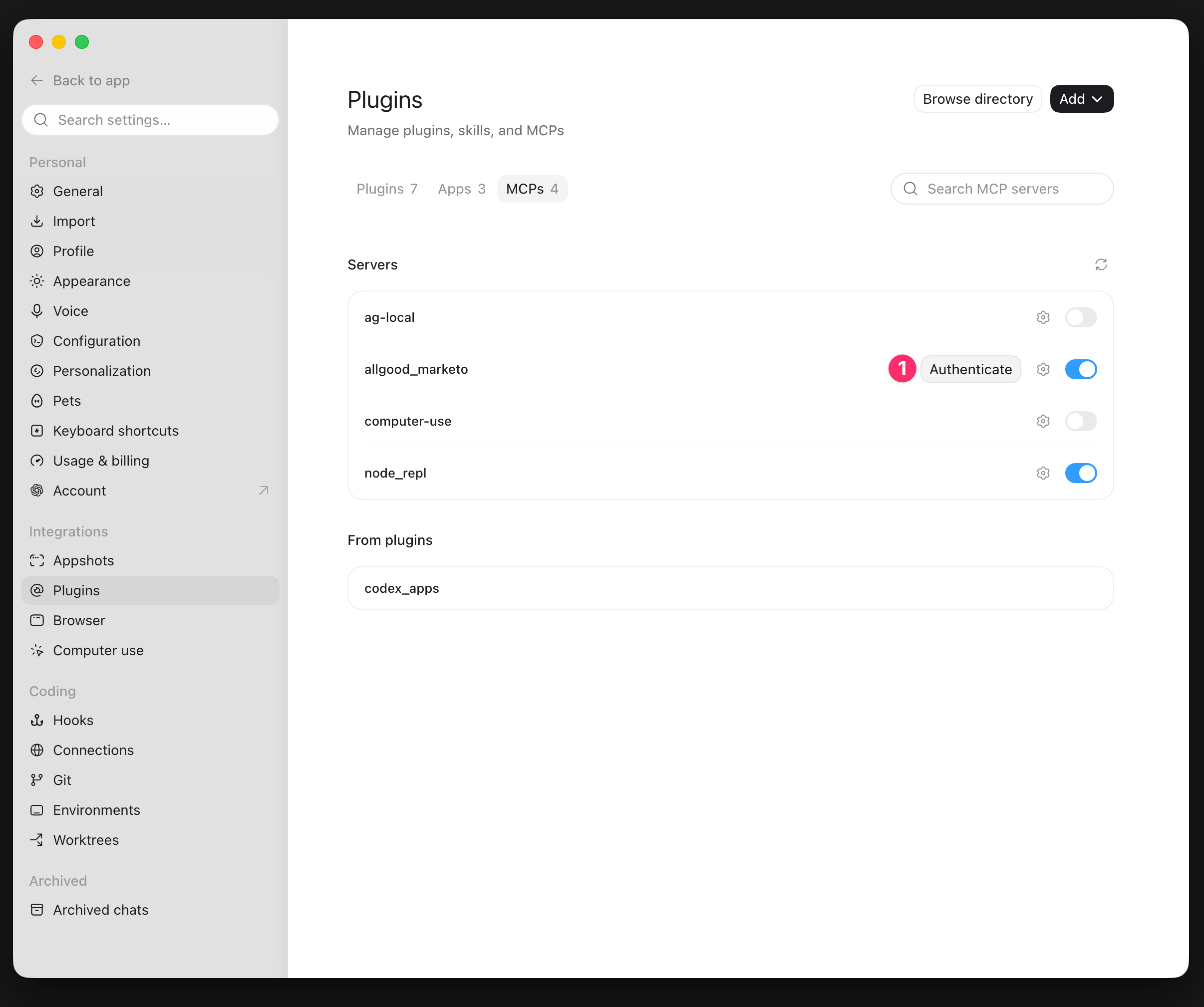 Plugins list showing the allGood Marketo connector with an Authenticate button