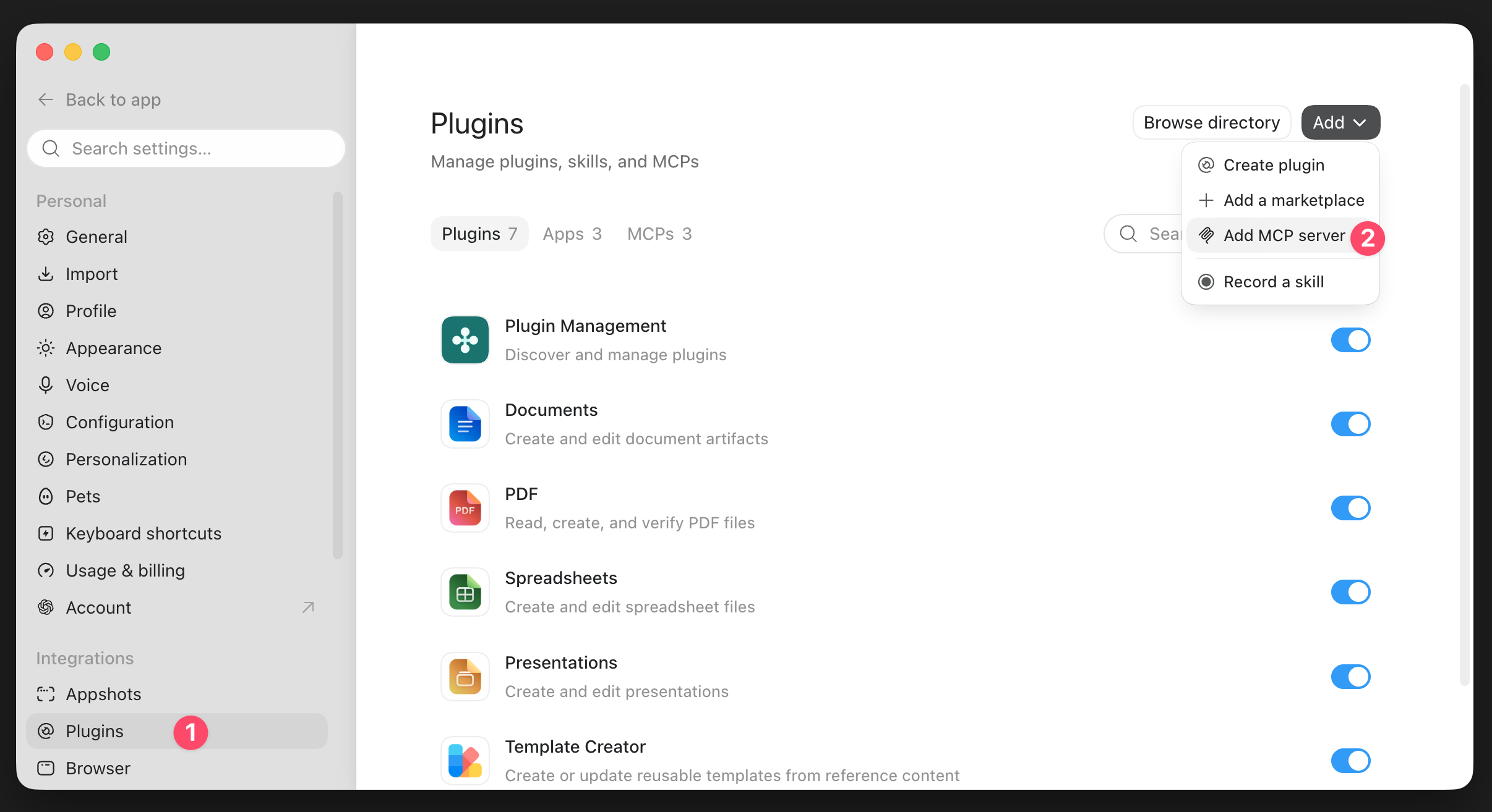 Plugins section showing the Add MCP Server button