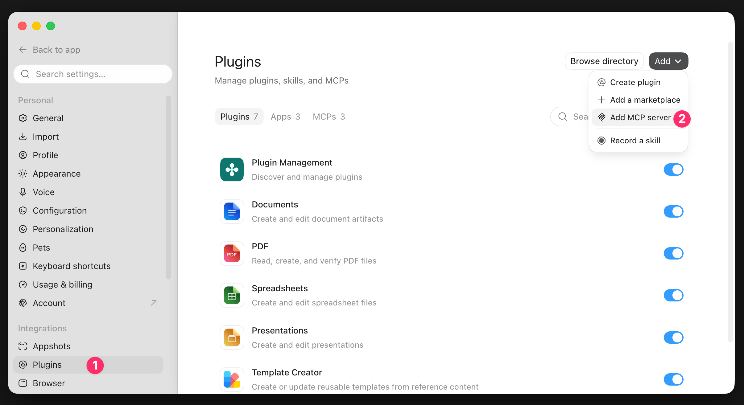 Plugins section showing the Add MCP Server button