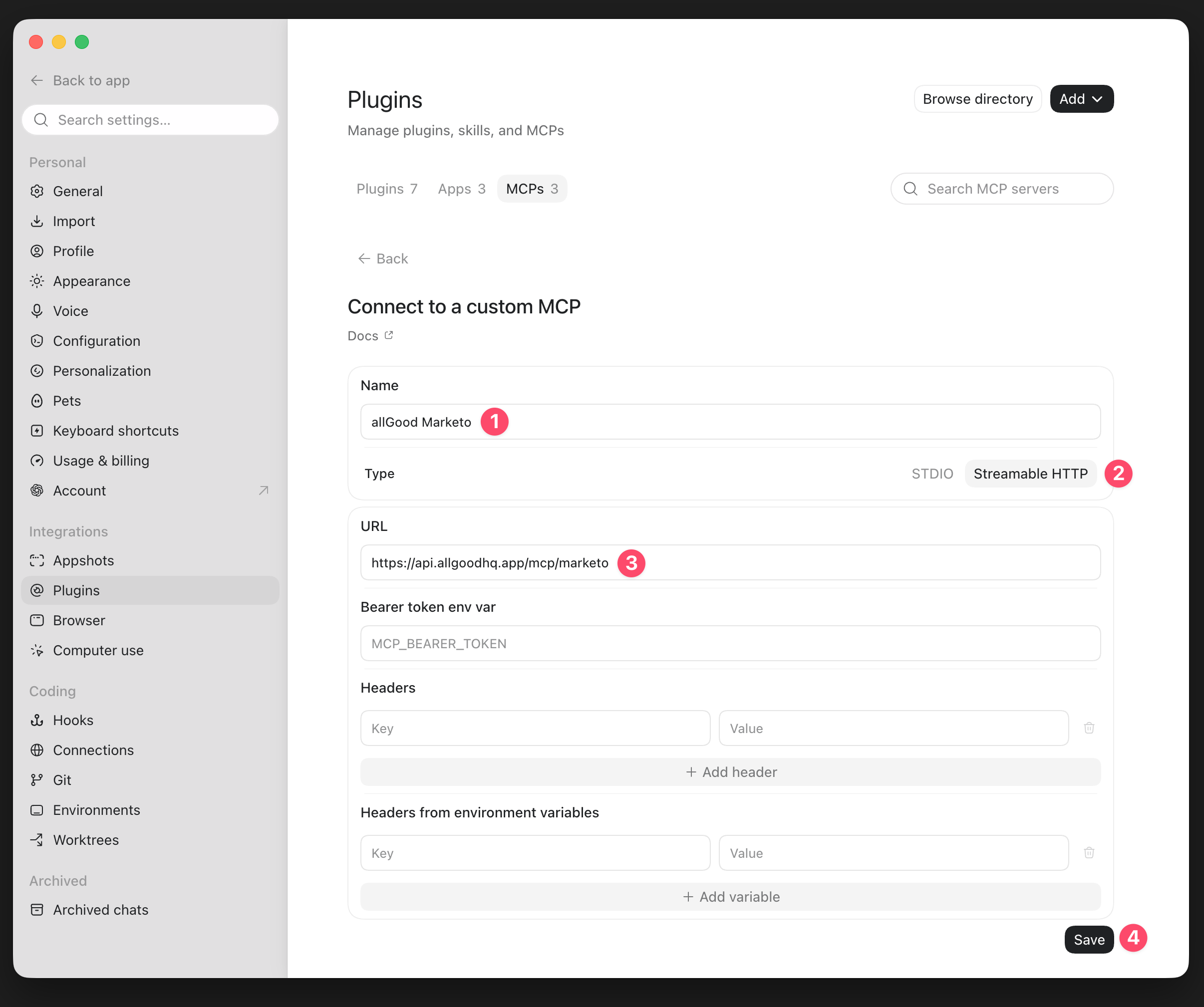 Create connector dialog with name, URL, and type fields filled in