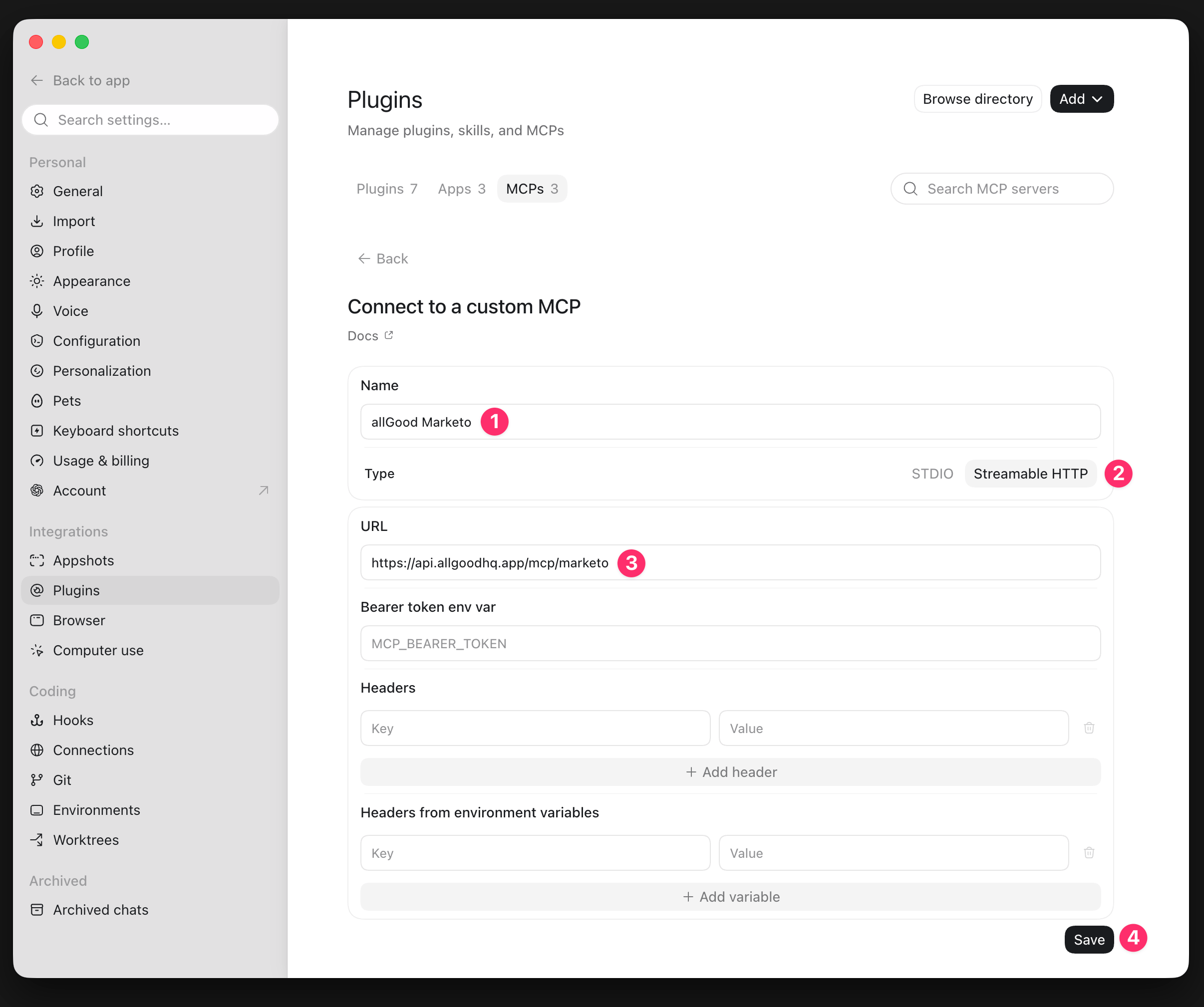 Create connector dialog with name, URL, and type fields filled in