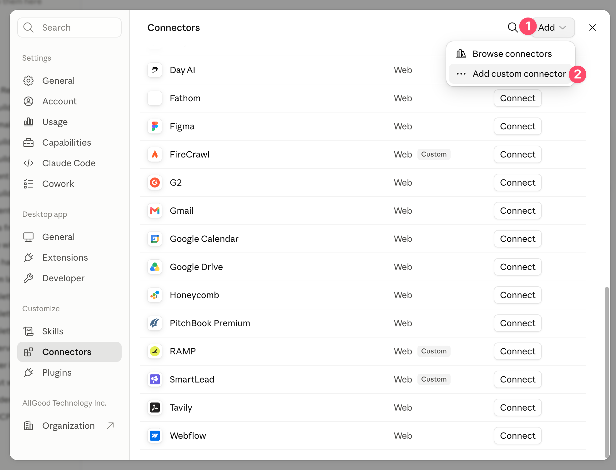 Connectors tab showing the Add menu with Add custom connector selected