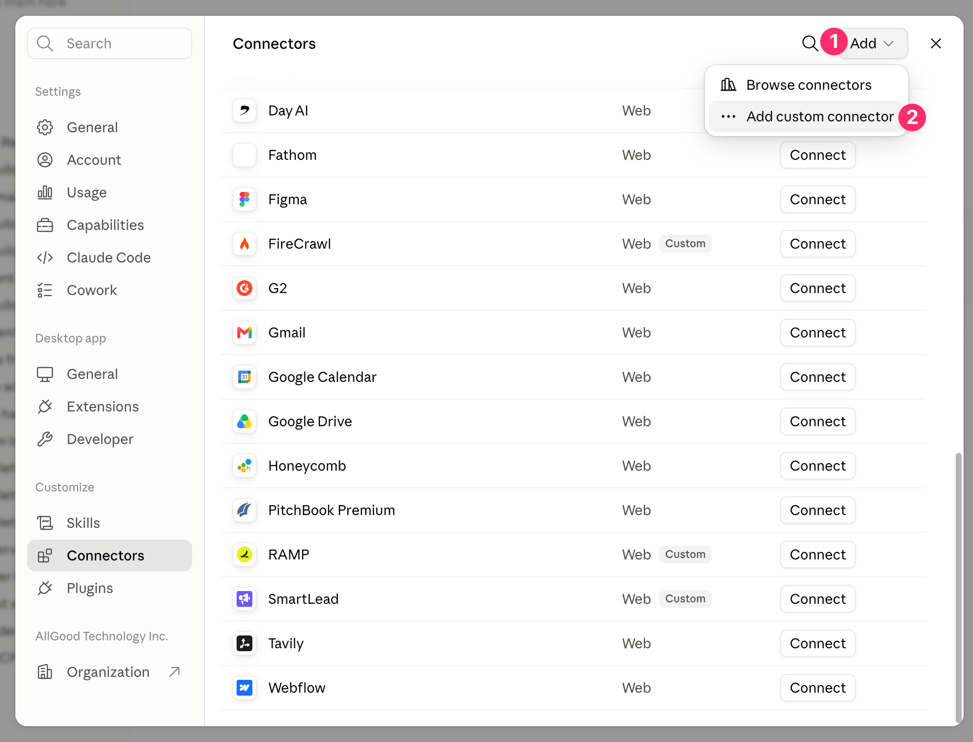 Connectors tab showing the Add menu with Add custom connector selected