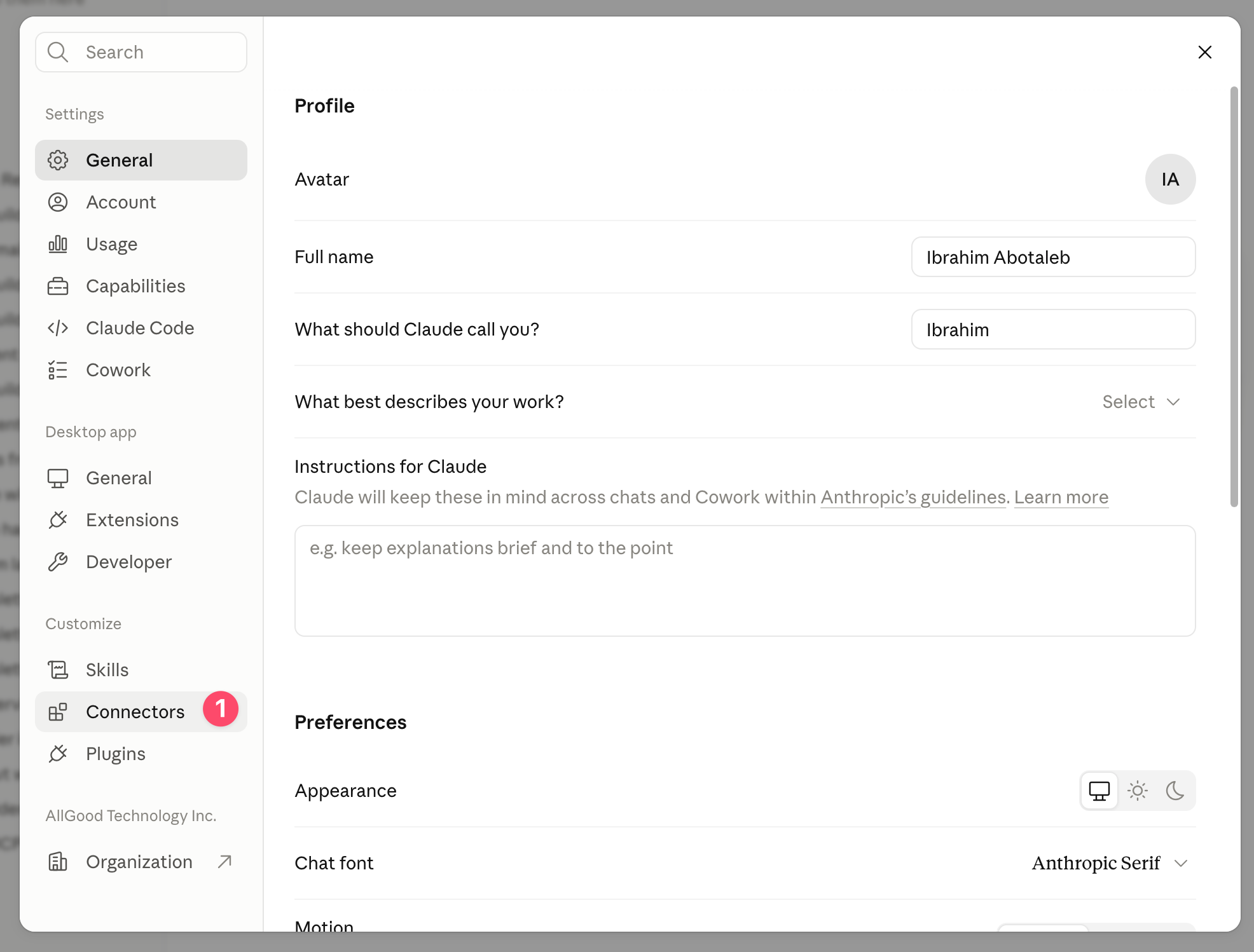 Claude Desktop Settings window with the Connectors tab selected