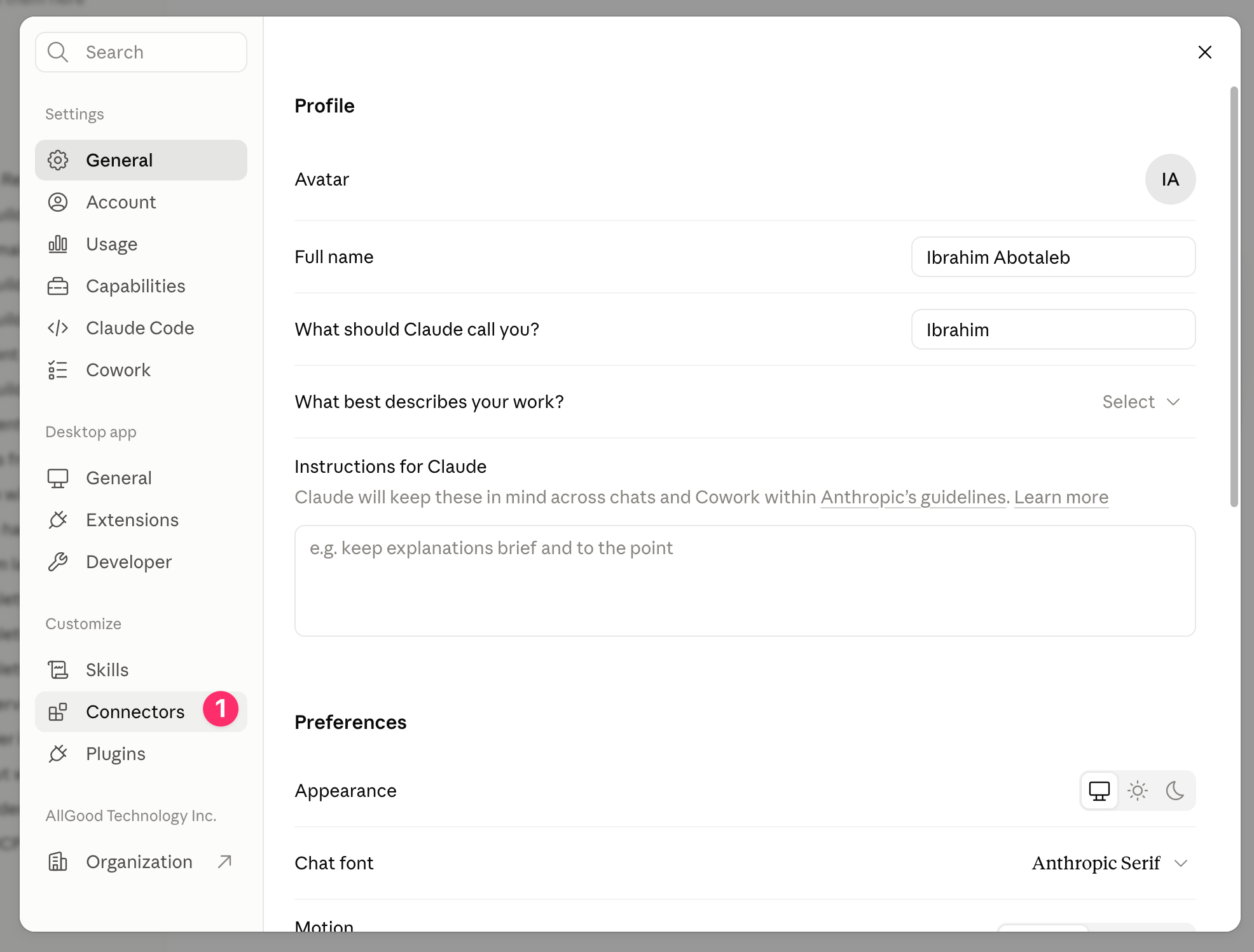Claude Desktop Settings window with the Connectors tab selected