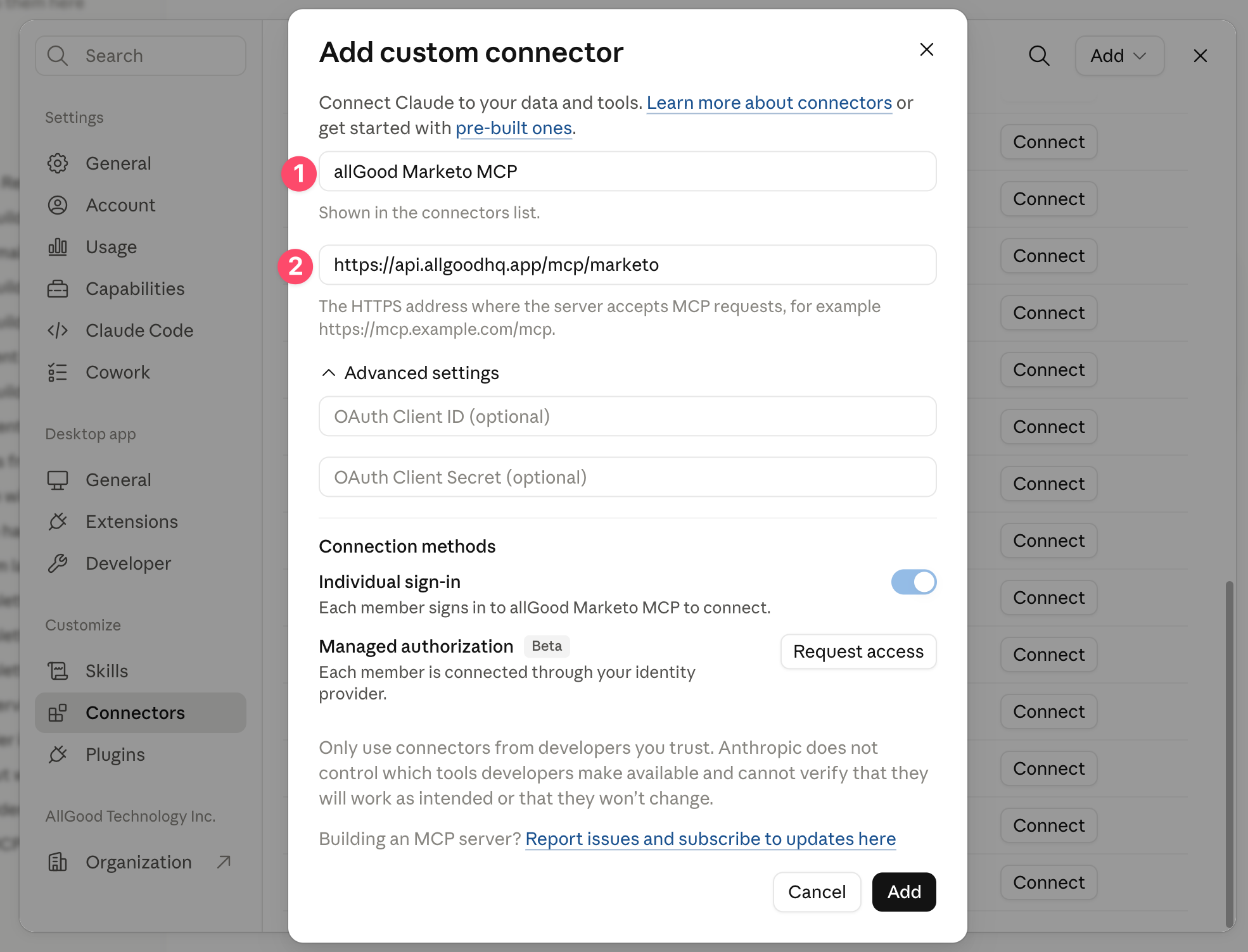 Add custom connector dialog with name and URL fields filled in