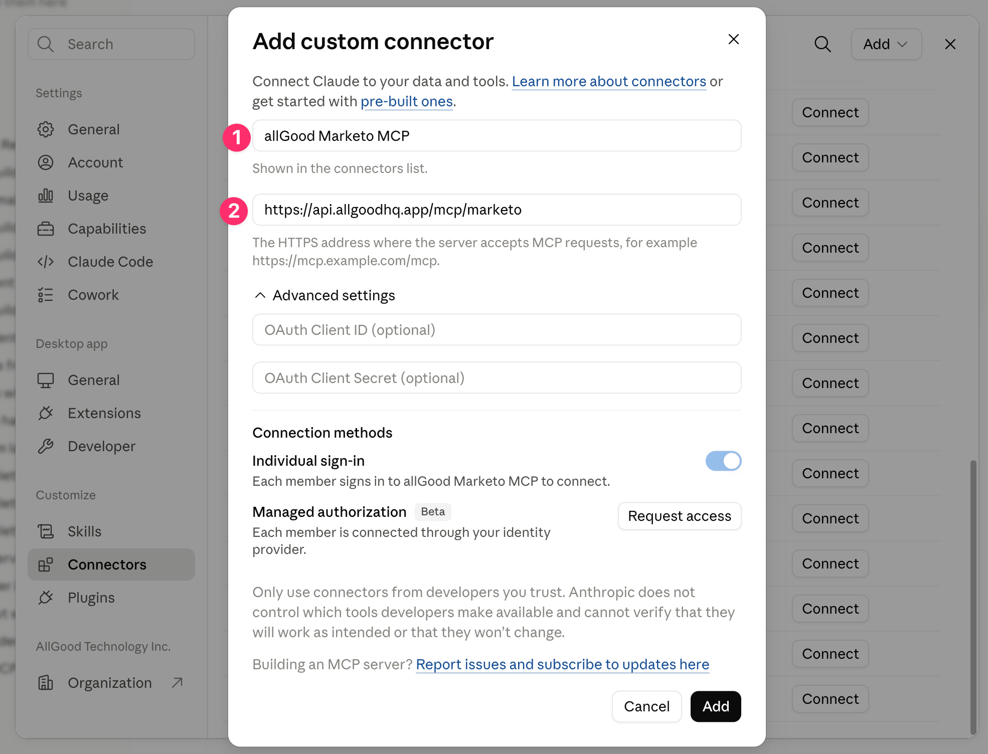 Add custom connector dialog with name and URL fields filled in