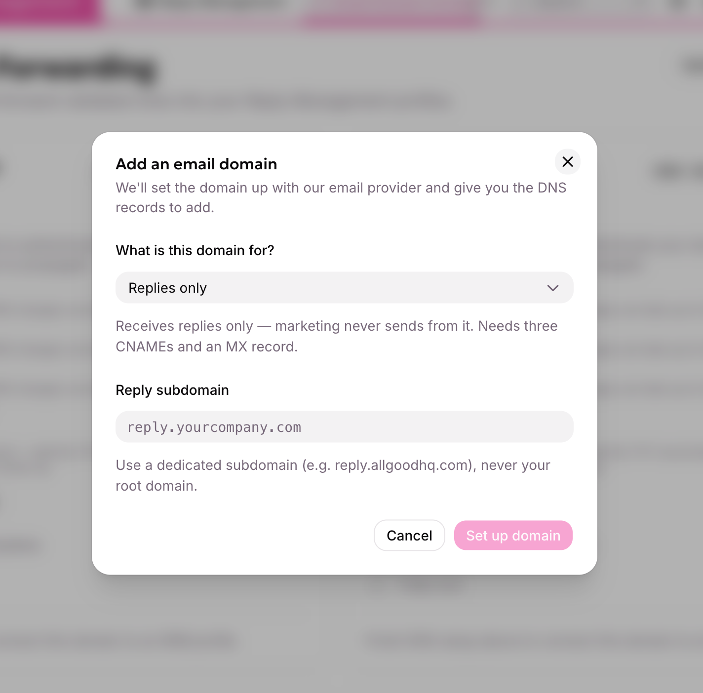 Adding a new email domain in allGood, with Replies only selected