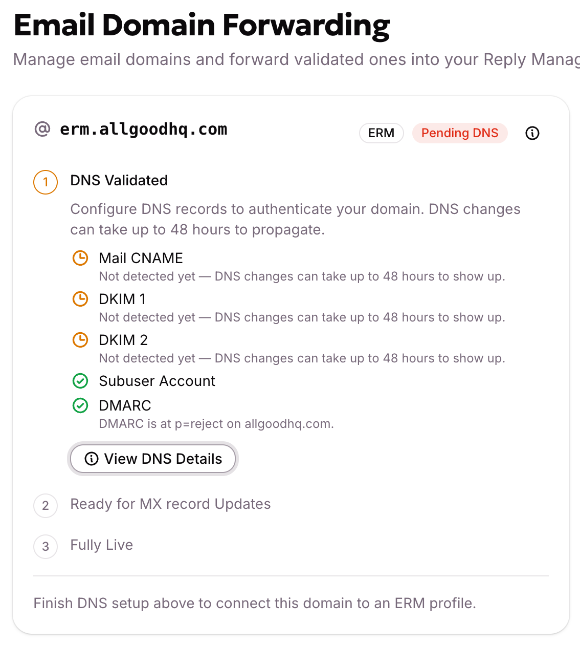Email Domain Forwarding: DNS validation status for a domain