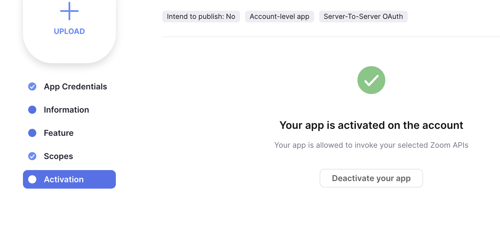 The app shows as activated on the account