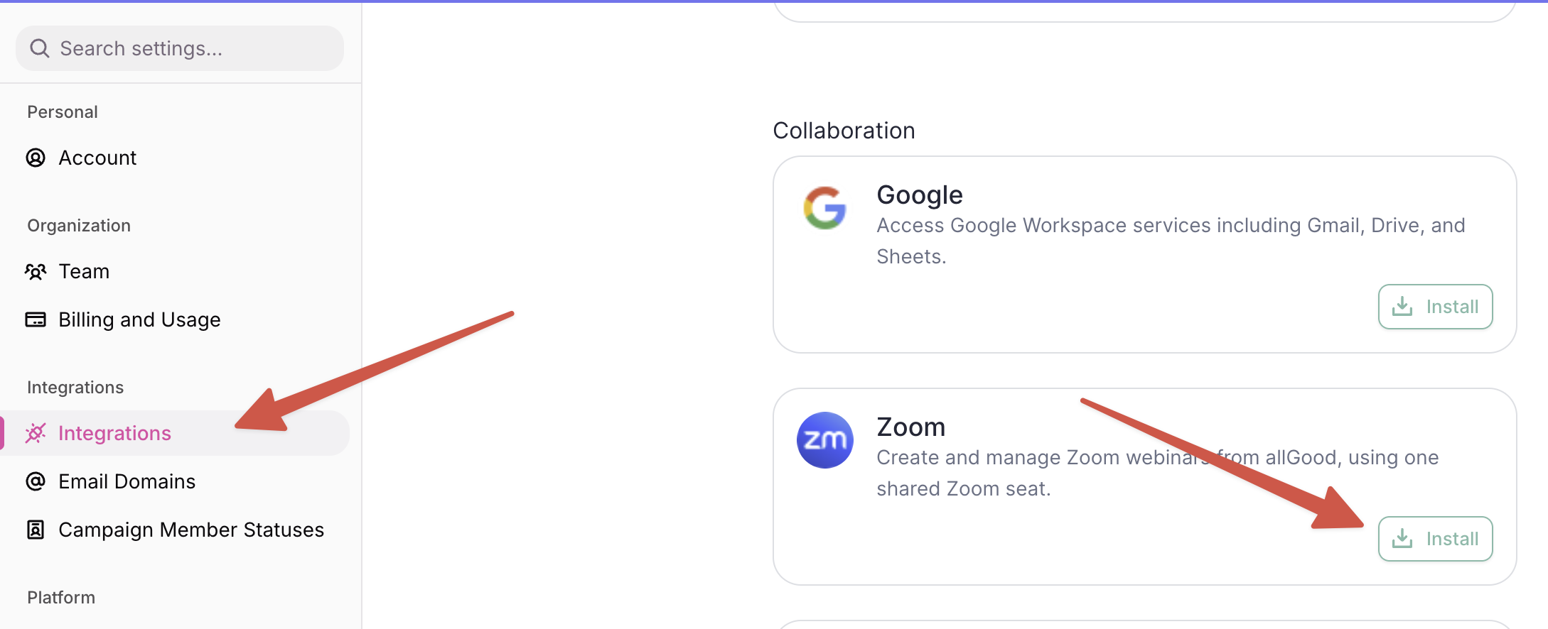 Install Zoom from Settings > Integrations
