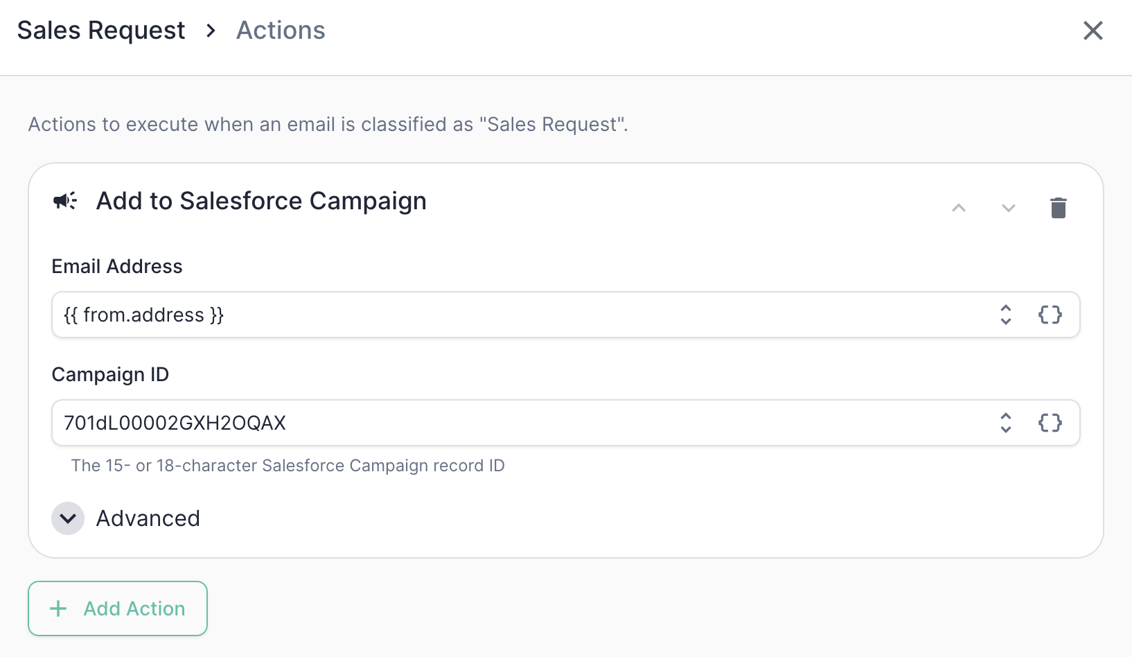 Add to Salesforce Campaign action configuration