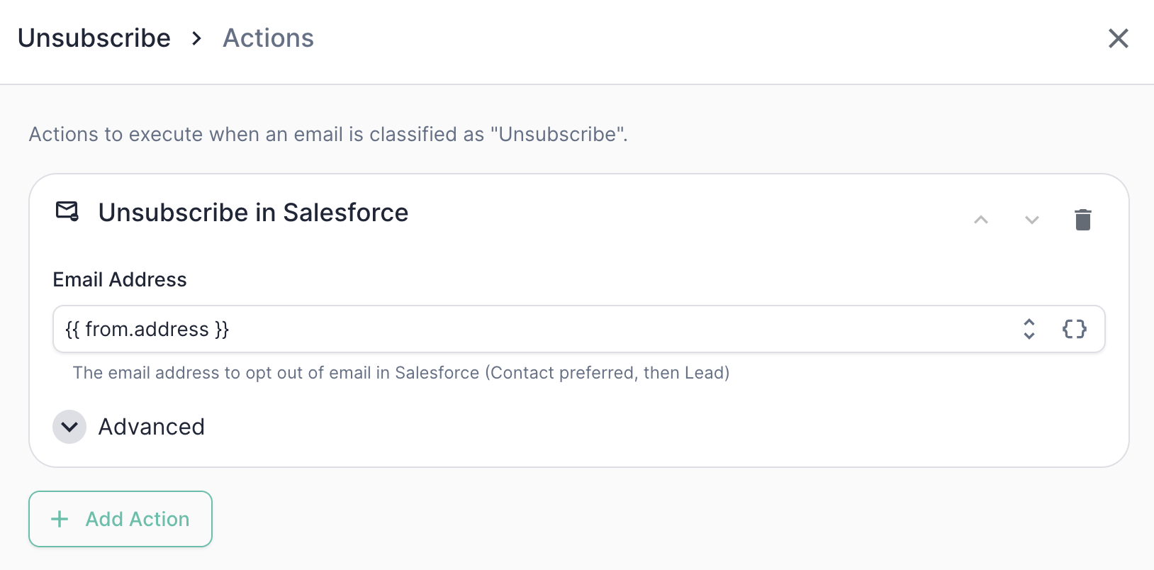 Unsubscribe in Salesforce action configuration