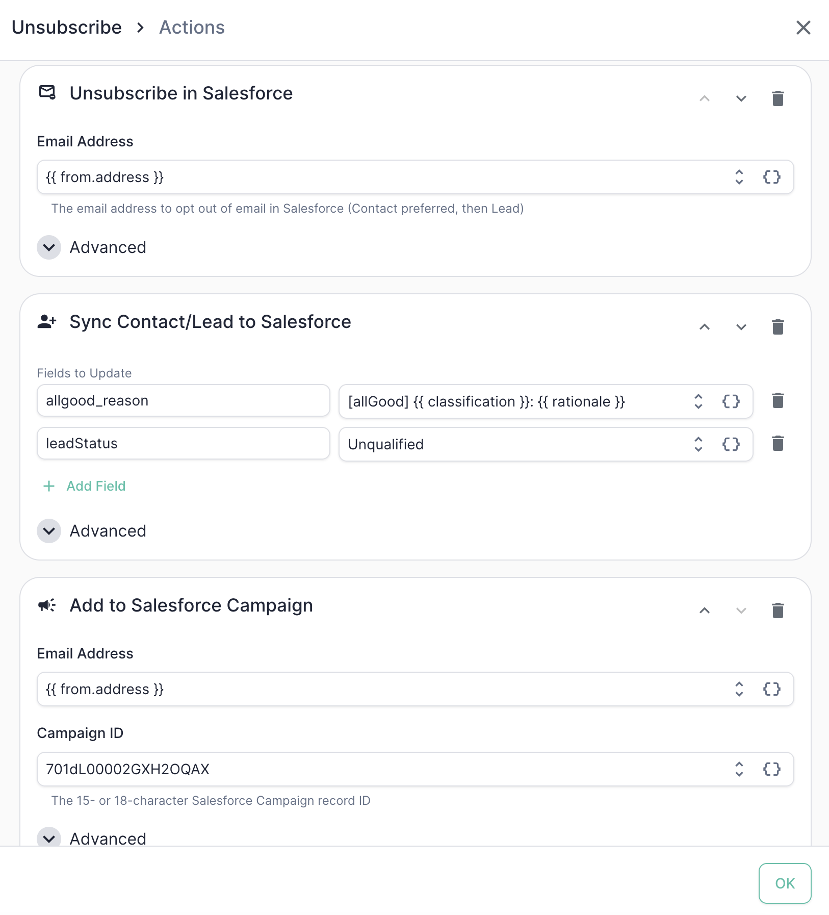 The full Unsubscribe action chain in the Salesforce category editor