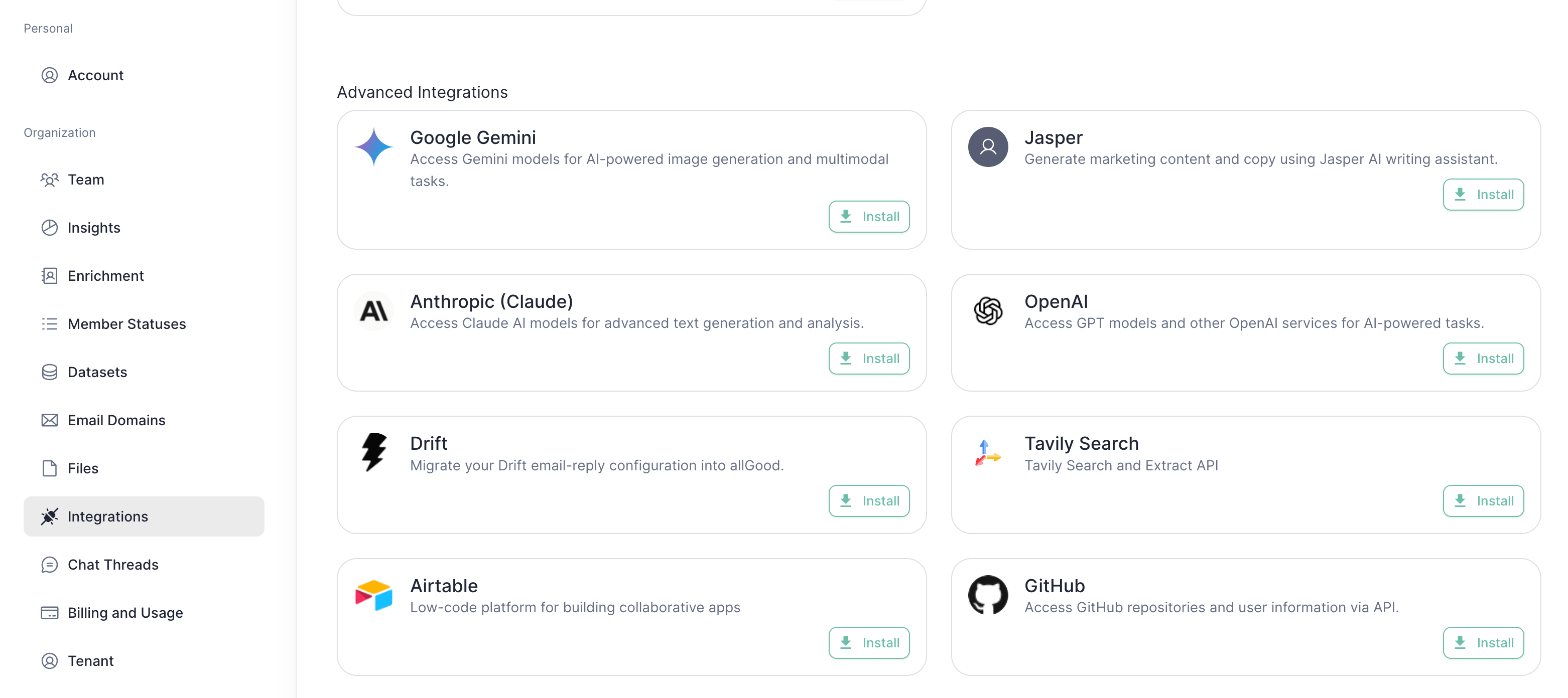 The Drift integration under Advanced integrations