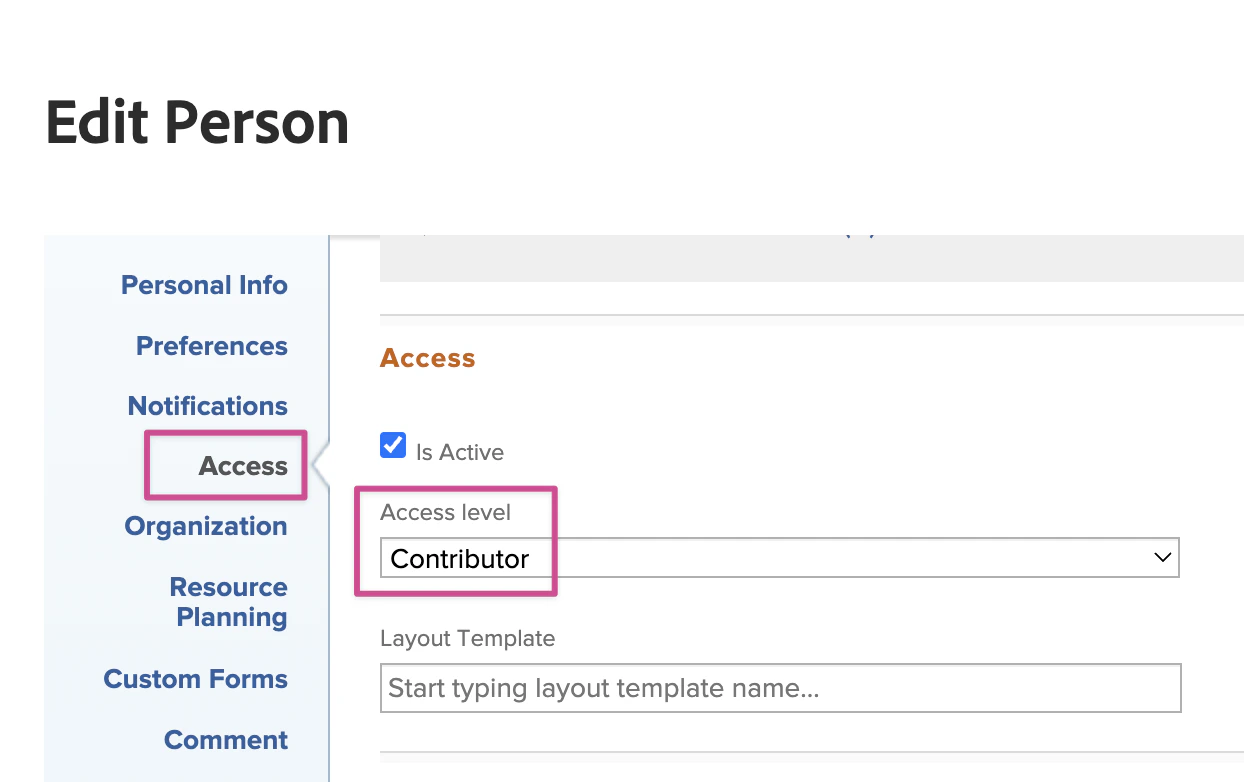 Edit Person Access tab showing Contributor access level Edit Person Access tab showing Contributor access level