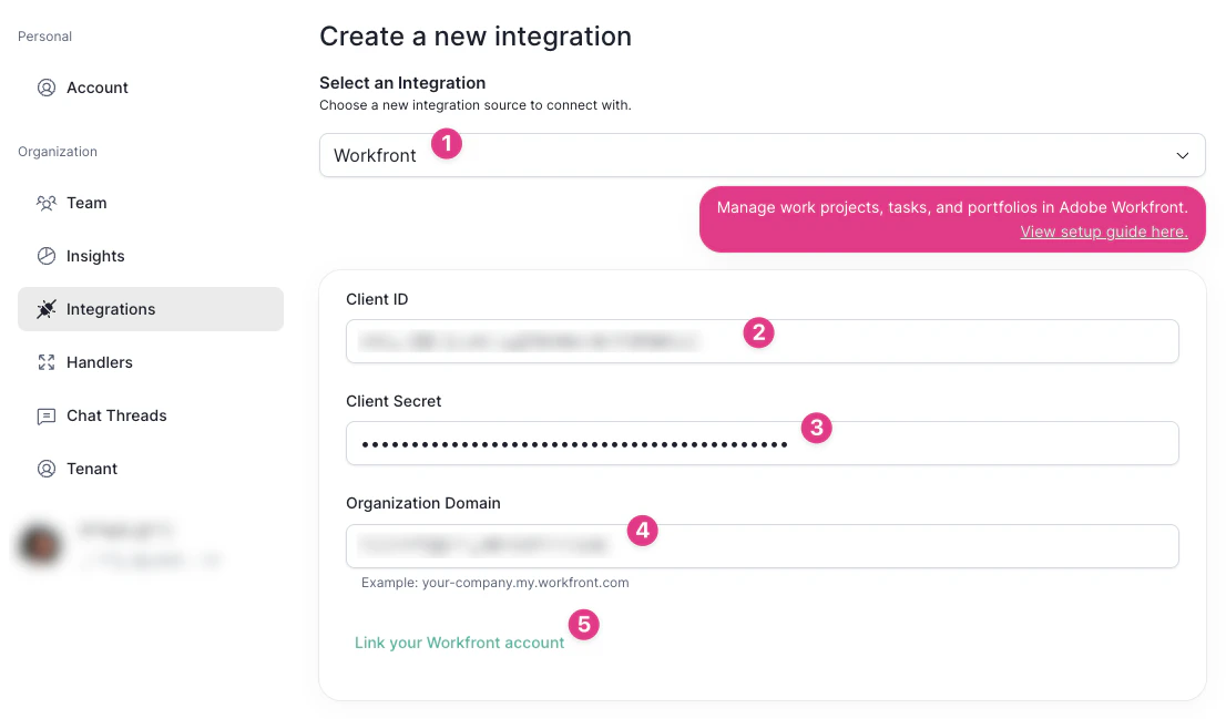 allGood Workfront integration form allGood Workfront integration form showing Client ID, Client Secret, Organization Domain, and Link account button