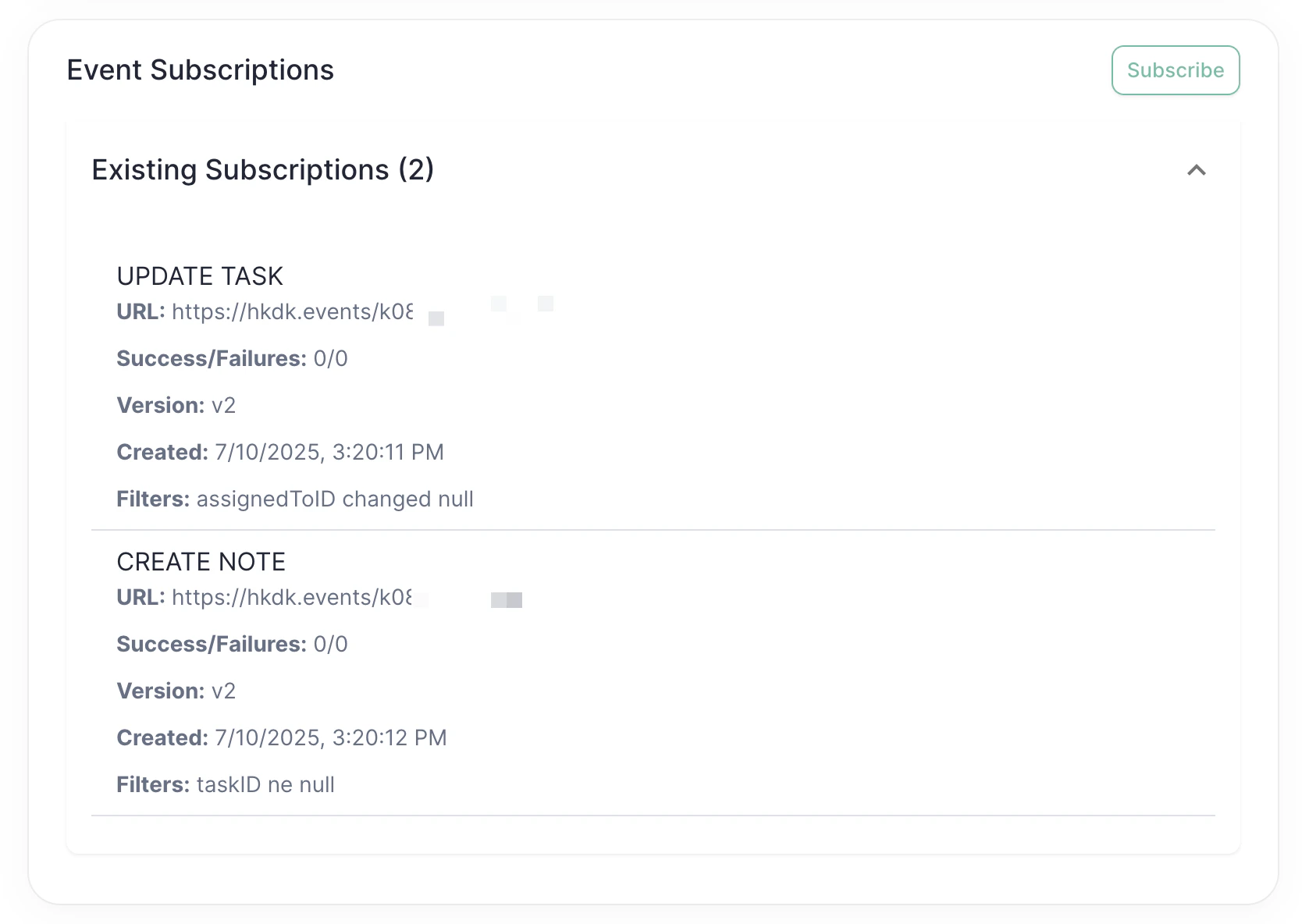 Event Subscriptions showing UPDATE TASK and CREATE NOTE subscriptions Event Subscriptions showing UPDATE TASK and CREATE NOTE subscriptions