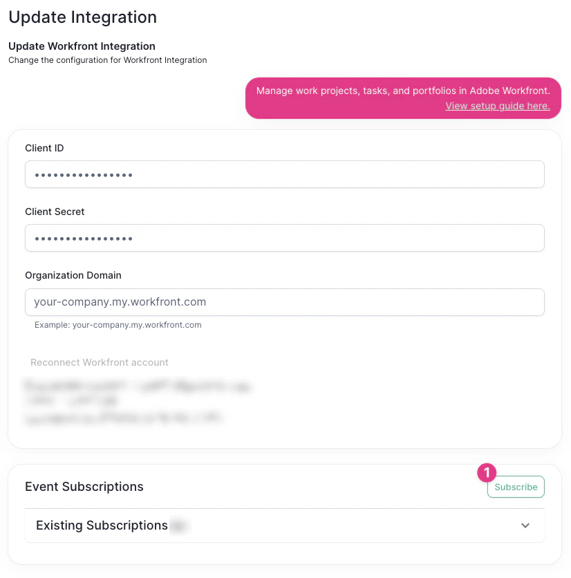 Update Integration page showing Event Subscriptions with Subscribe button Update Integration page showing Event Subscriptions with Subscribe button