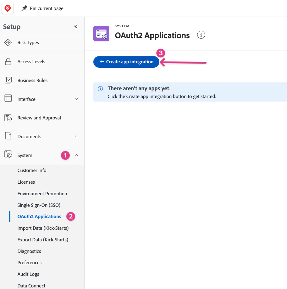 OAuth2 Applications page in Workfront Setup OAuth2 Applications page in Workfront Setup