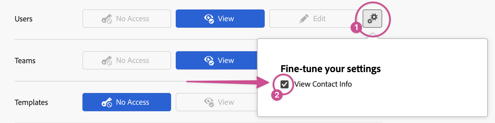 Fine-tune settings showing View Contact Info checkbox Fine-tune settings showing View Contact Info checkbox