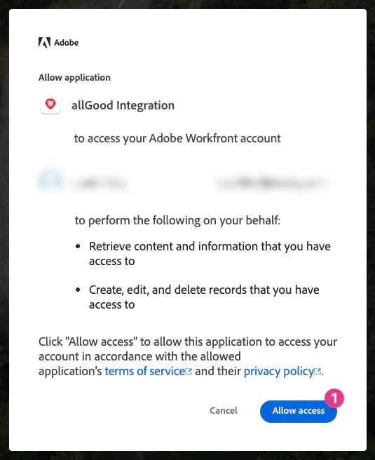 Workfront OAuth authorization dialog for allGood Integration Workfront OAuth authorization dialog for allGood Integration