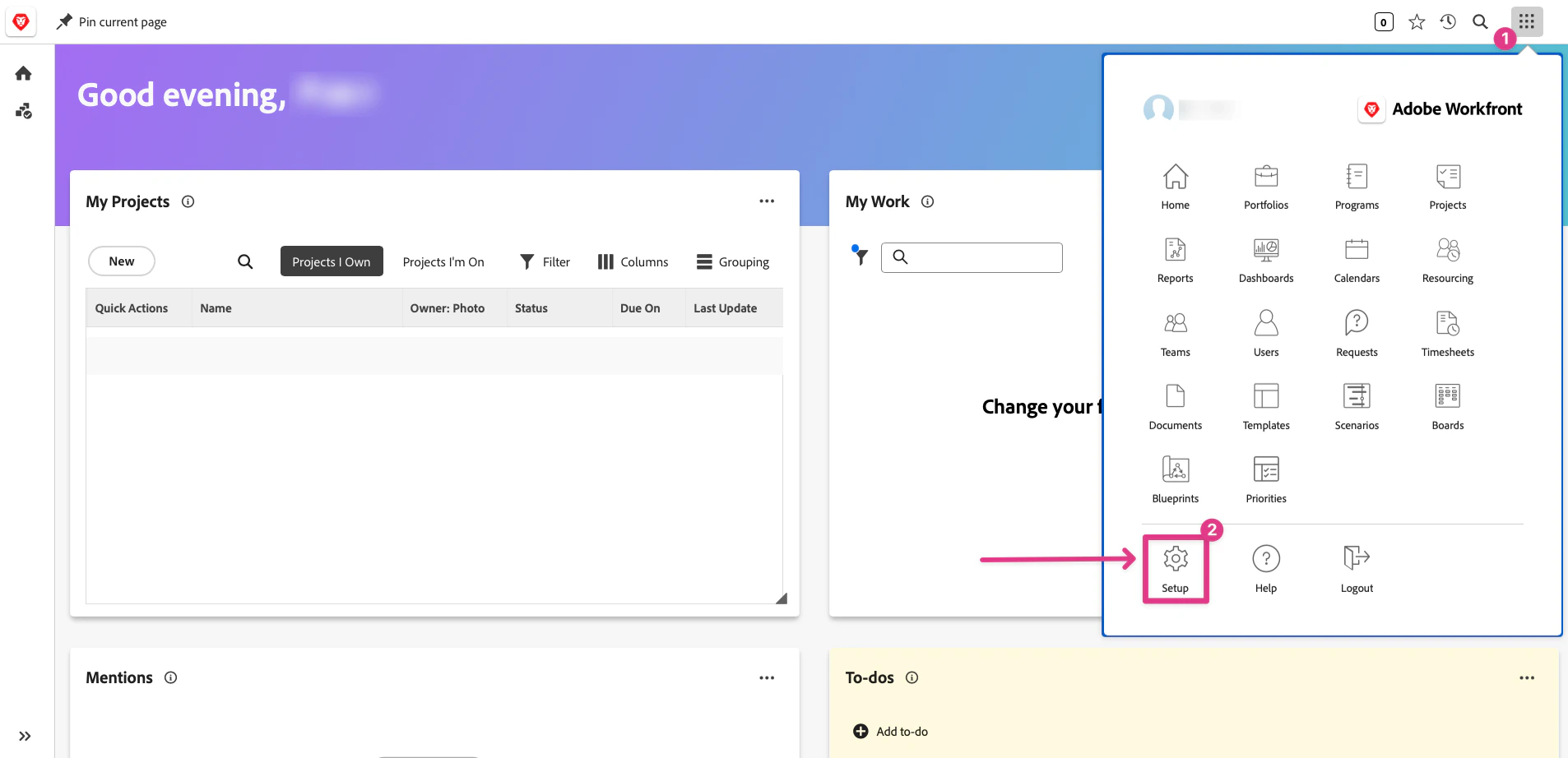 Workfront main page showing Setup navigation Workfront main page showing Setup navigation