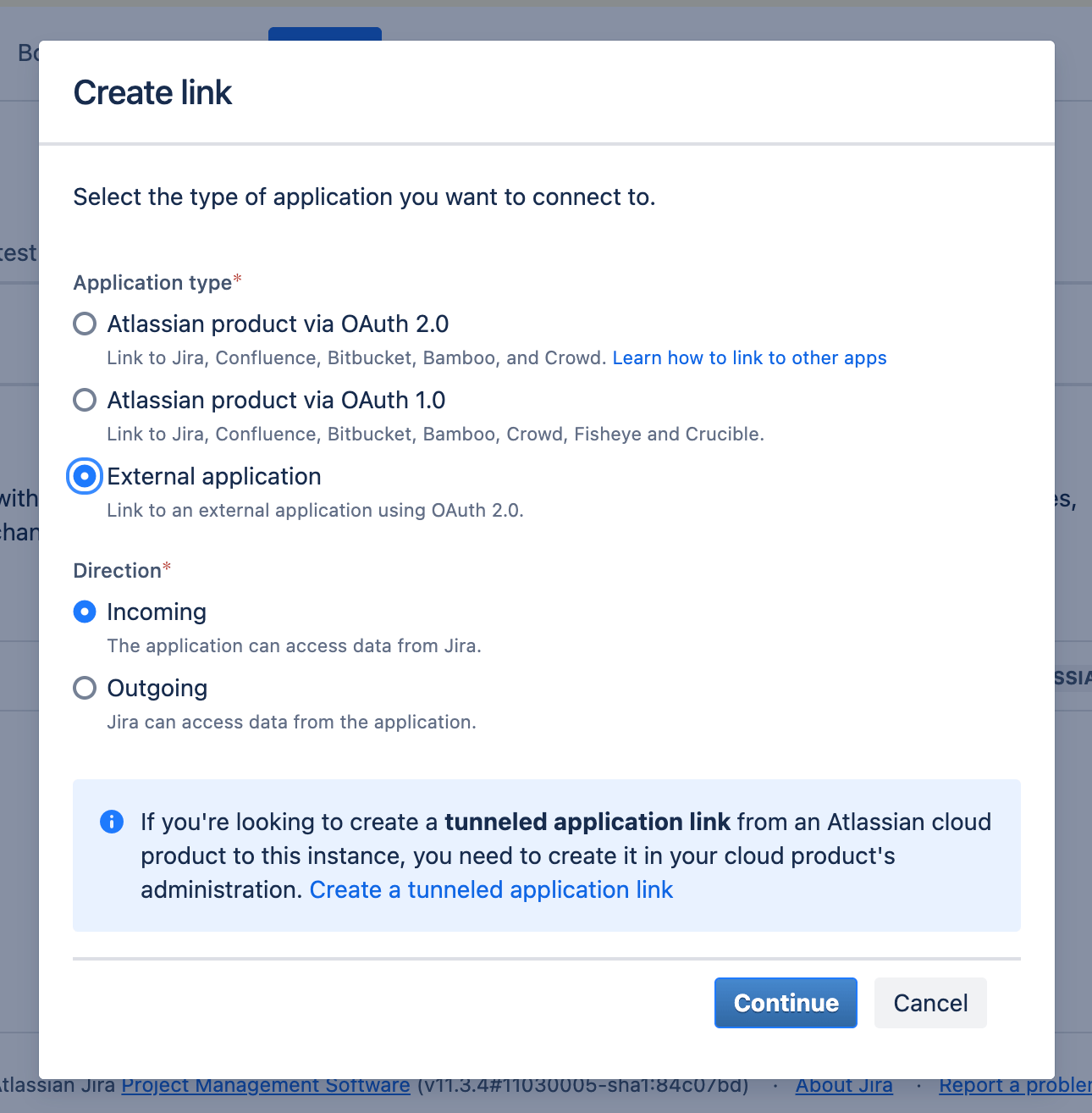 Jira Data Center create incoming OAuth link dialog