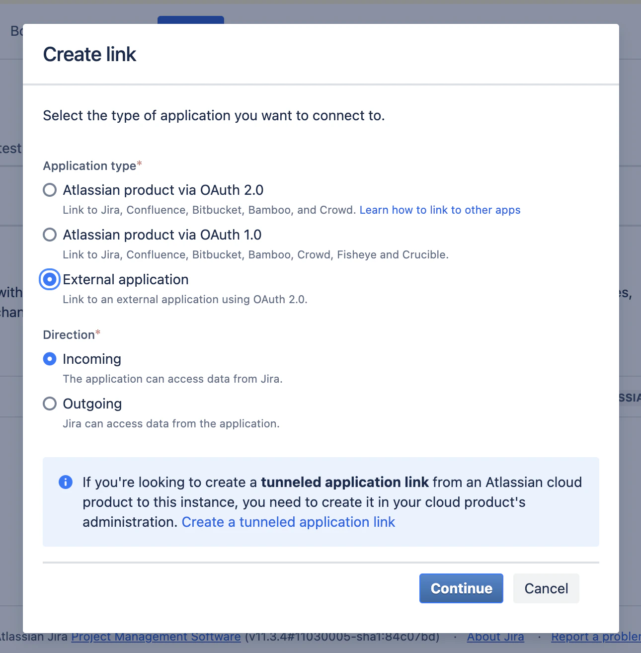 Jira Data Center create incoming OAuth link dialog
