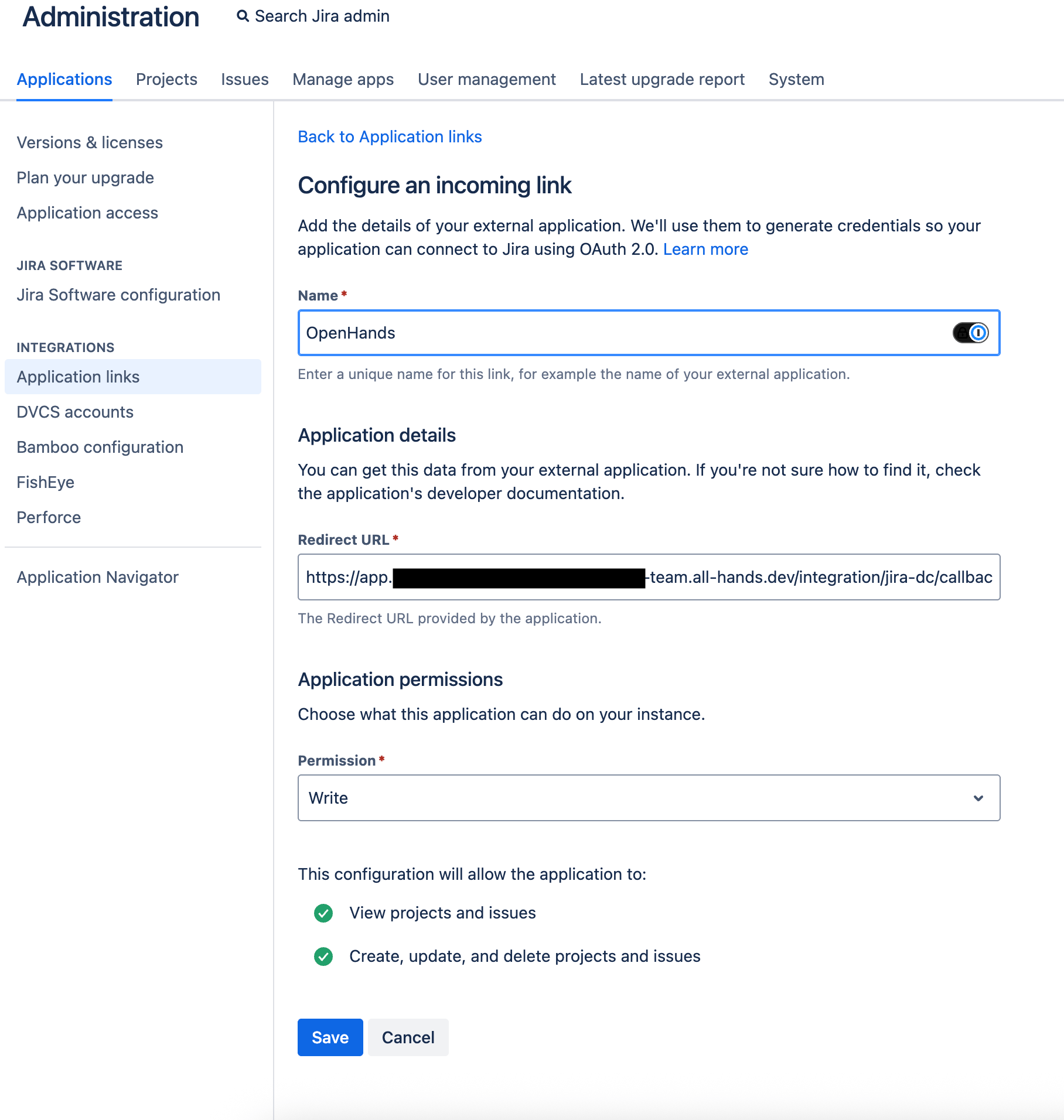 Jira Data Center incoming OAuth link form