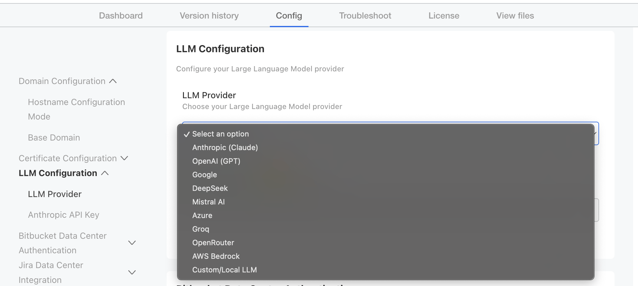 LLM Configuration provider dropdown