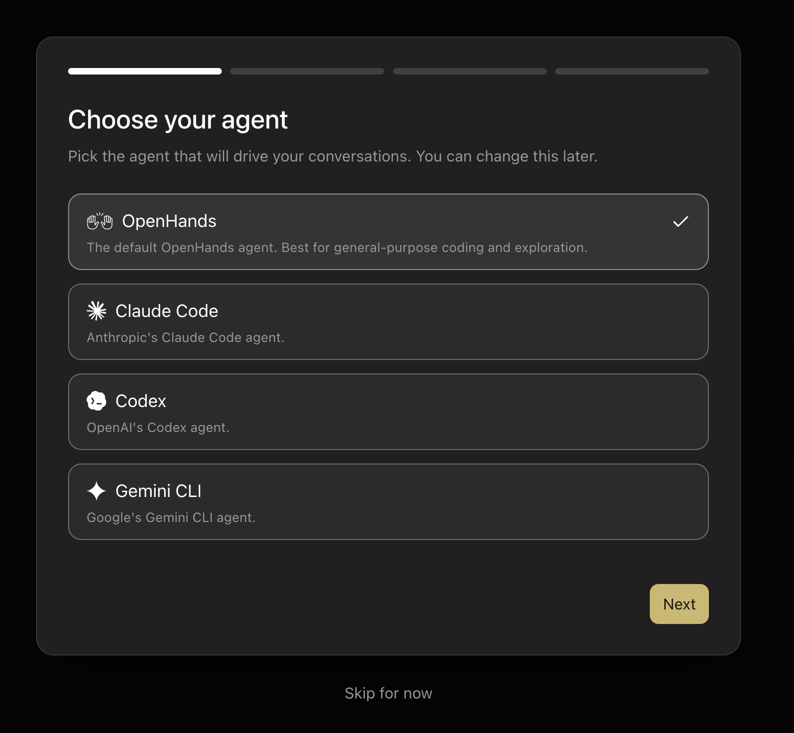 Agent Canvas first-time setup — Choose your agent screen showing OpenHands, Claude Code, Codex, and Gemini CLI options
