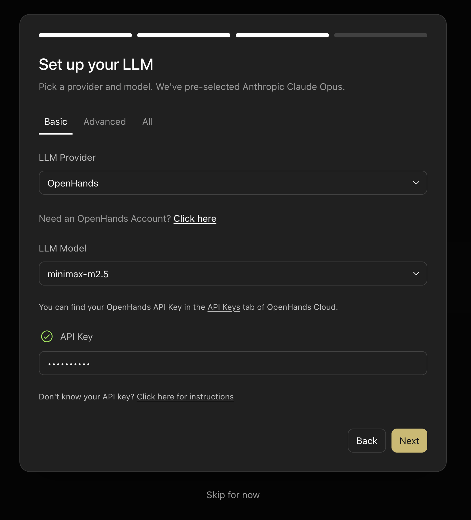 Agent Canvas first-time setup — Set up your LLM screen showing provider and model selection with an API key field