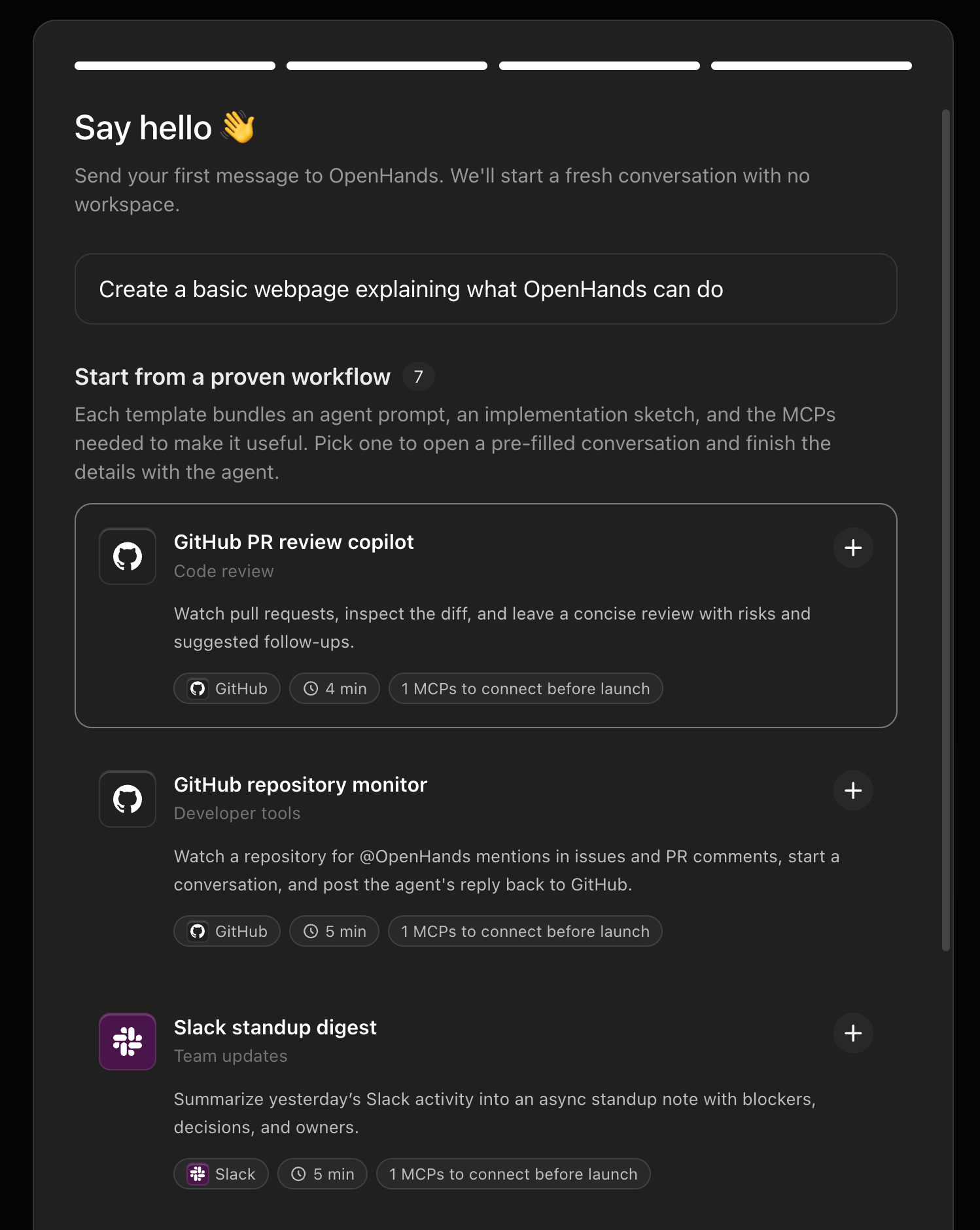 Agent Canvas first-time setup — Say hello screen showing pre-built workflow templates including GitHub PR review copilot, GitHub repository monitor, and Slack standup digest