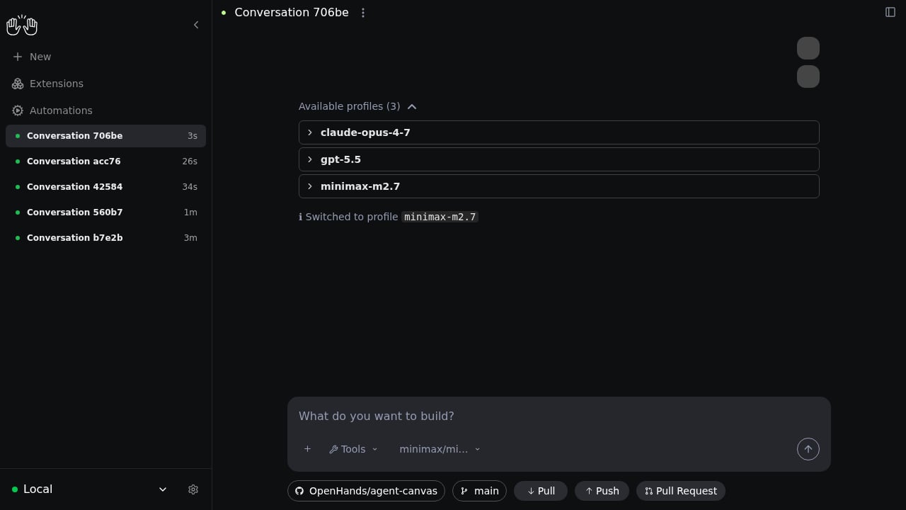 Agent Canvas showing example /model command output that lists saved profiles and switches to another profile