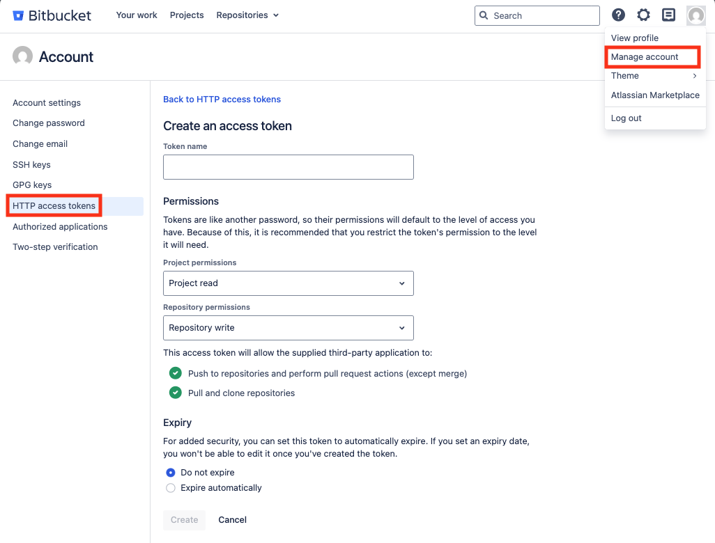 Bitbucket Data Center HTTP access token setup