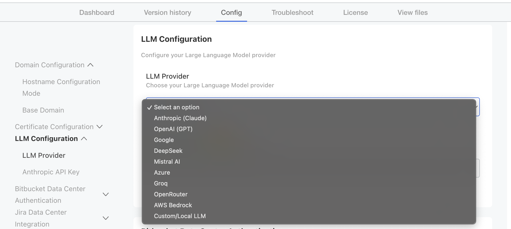 LLM Configuration provider dropdown