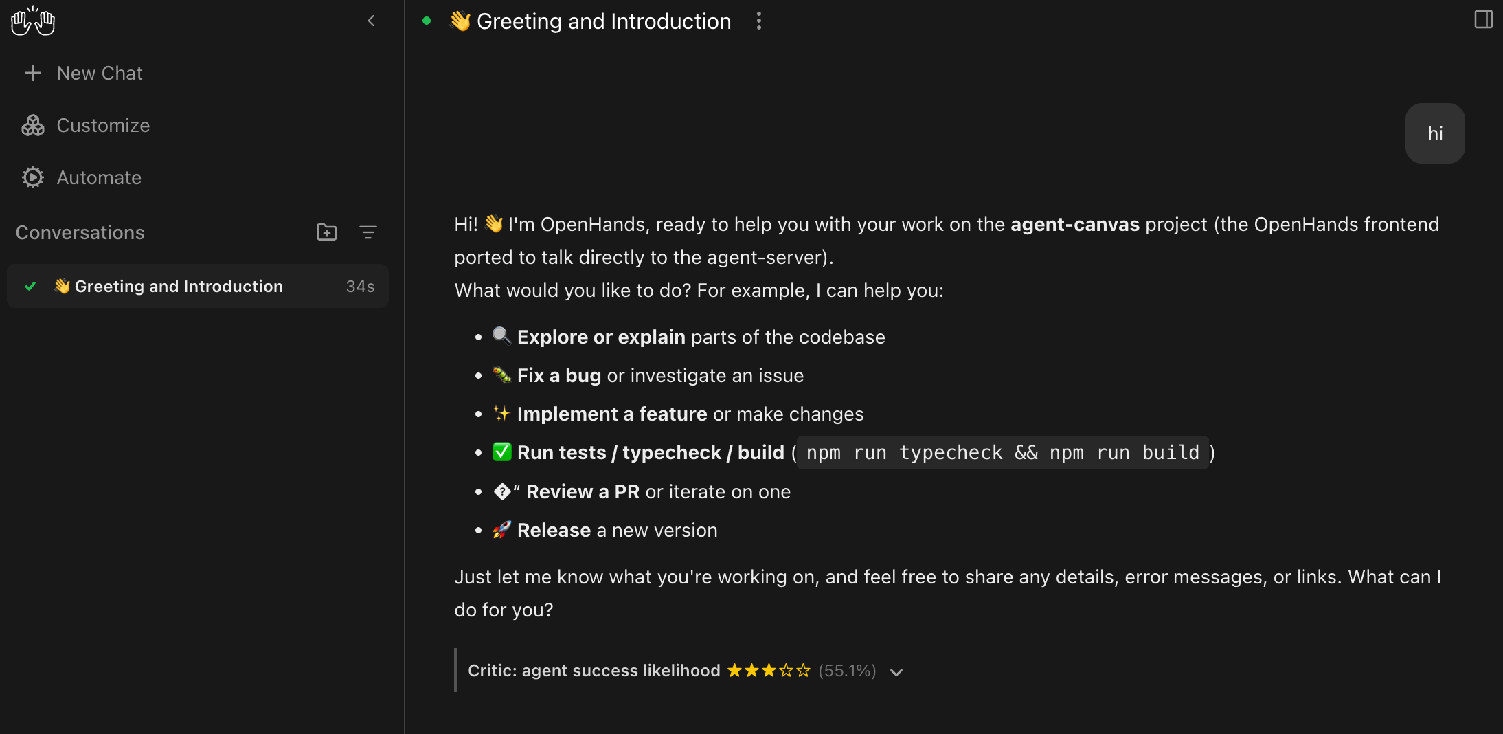 Agent Canvas conversation showing a critic success likelihood score below an agent message