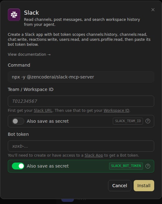 Agent Canvas Slack MCP server setup dialog