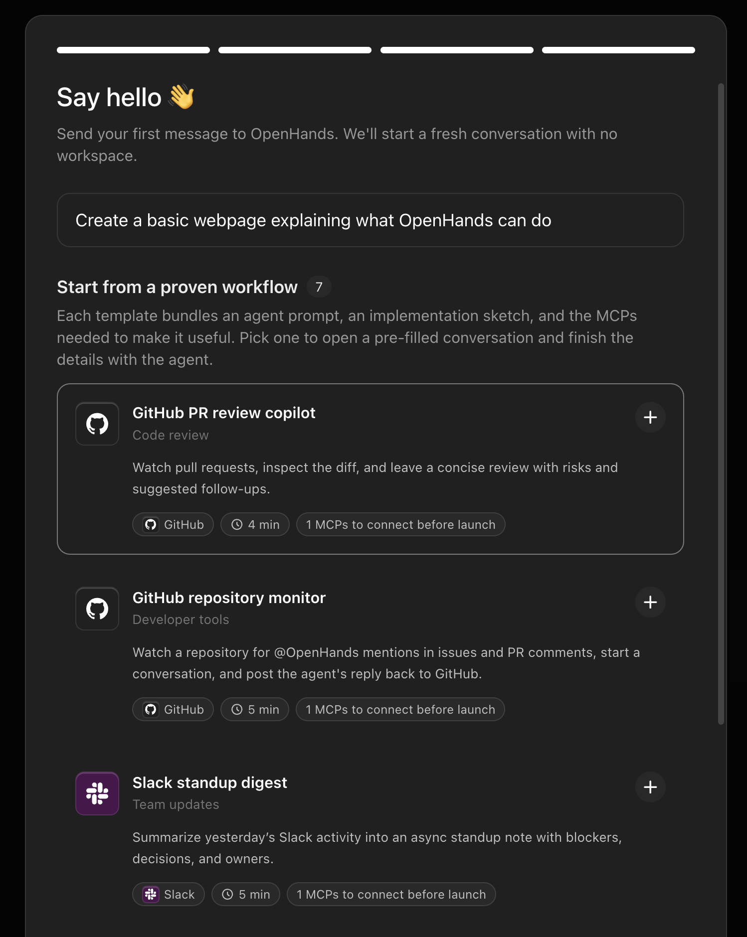 Agent Canvas first-time setup — Say hello screen showing pre-built workflow templates including GitHub PR review copilot, GitHub repository monitor, and Slack standup digest