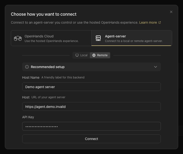 Agent Canvas Add Backend dialog on the Agent Server tab with synthetic display name, host URL, and masked API key fields.