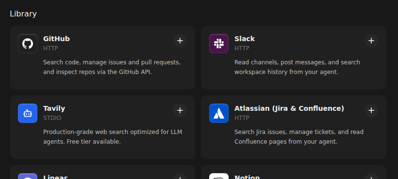Agent Canvas MCP library showing built-in GitHub and Slack integrations