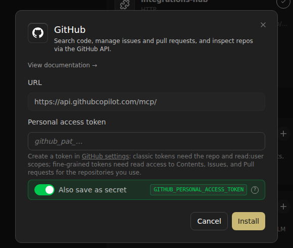 Agent Canvas GitHub MCP server setup dialog