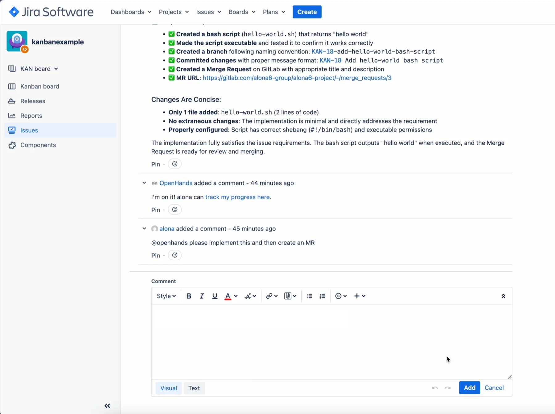 Jira Data Center issue with OpenHands comments